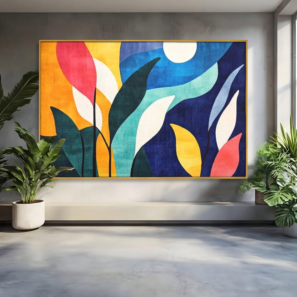 Tablou Canvas Premium, LuxCanva® J1009, Sub Lumina Lunii, Noapte, Tropicala, Gradina, Culori, Albastru, Ecosistem, Cromatic, Peisaj, Luna, Soare, Living, Dormitor