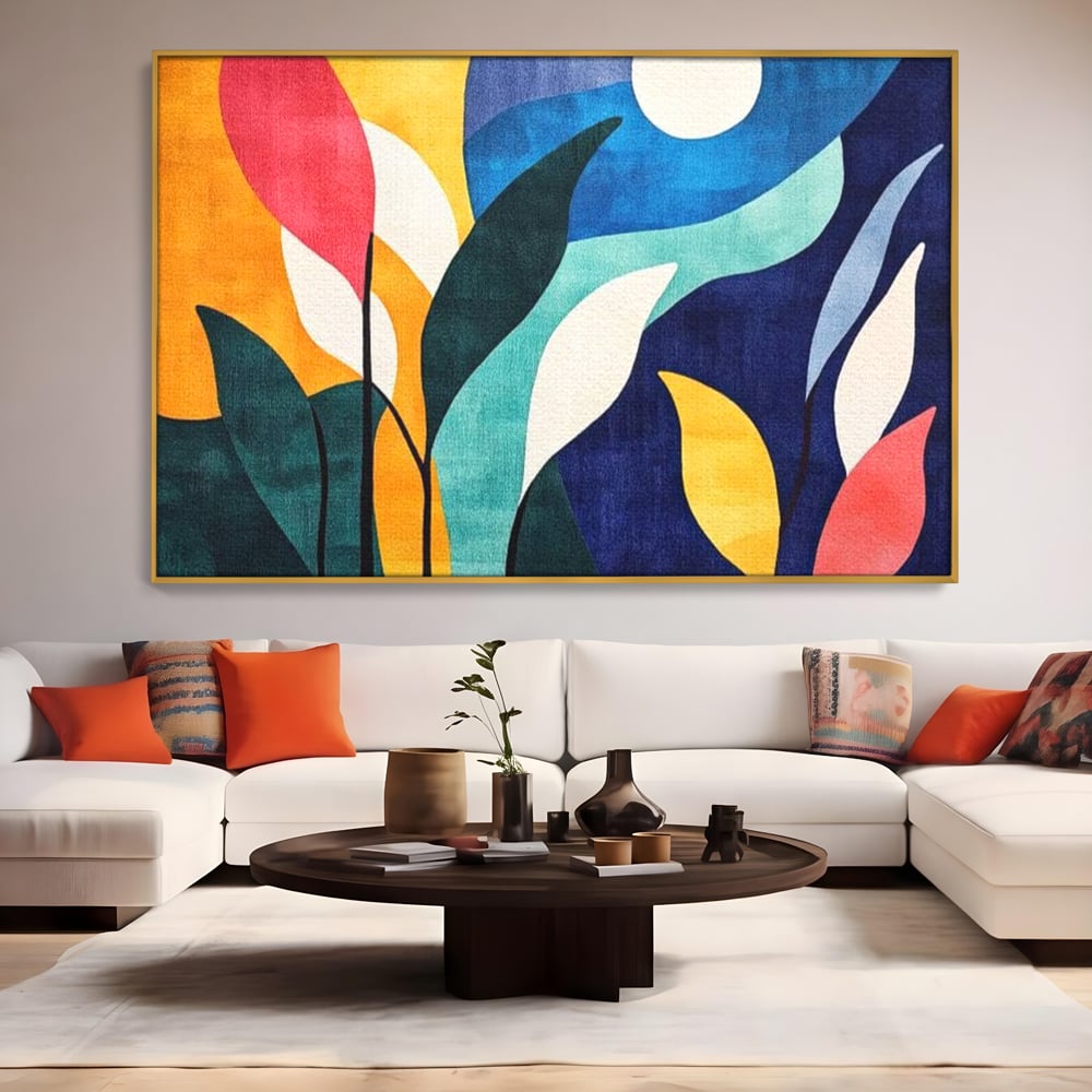 Tablou Canvas Premium, LuxCanva® J1009, Sub Lumina Lunii, Noapte, Tropicala, Gradina, Culori, Albastru, Ecosistem, Cromatic, Peisaj, Luna, Soare, Living, Dormitor