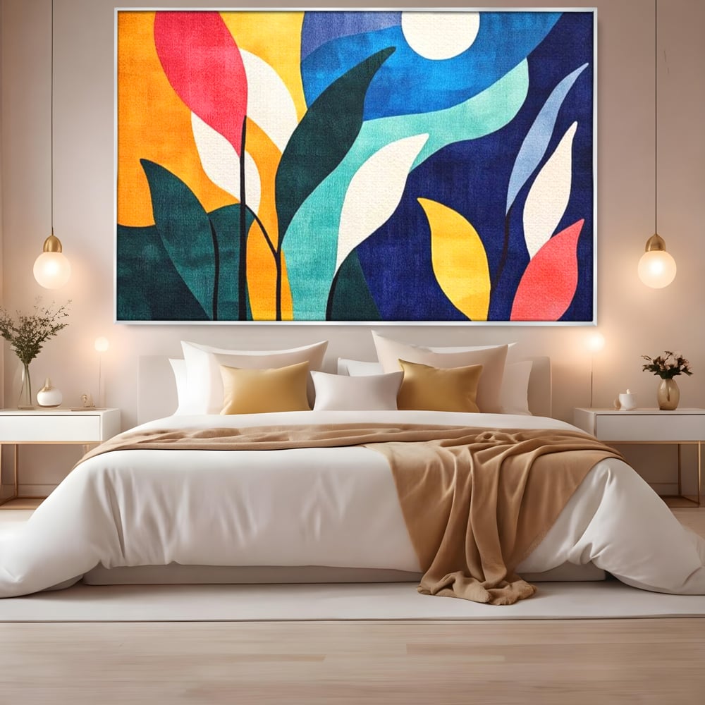 Tablou Canvas Premium, LuxCanva® J1009, Sub Lumina Lunii, Noapte, Tropicala, Gradina, Culori, Albastru, Ecosistem, Cromatic, Peisaj, Luna, Soare, Living, Dormitor