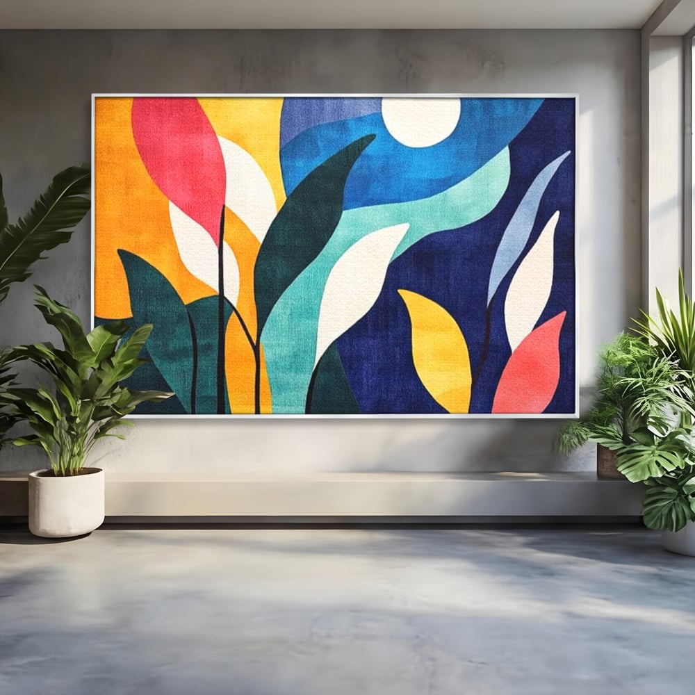 Tablou Canvas Premium, LuxCanva® J1009, Sub Lumina Lunii, Noapte, Tropicala, Gradina, Culori, Albastru, Ecosistem, Cromatic, Peisaj, Luna, Soare, Living, Dormitor
