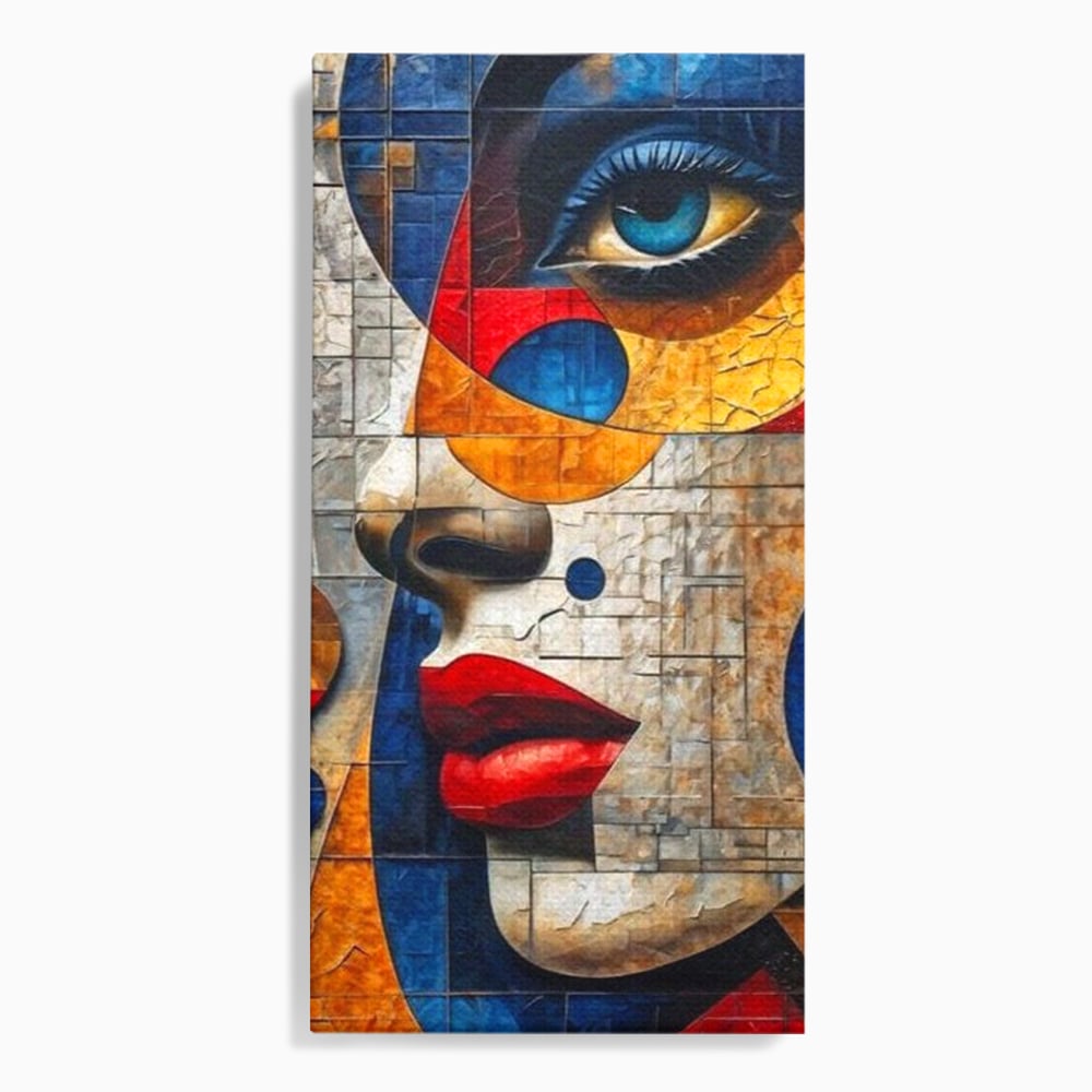 Premium-Leinwandkunst, LuxCanva® J1014, Mosaik der Gefühle, Fragmente, Blick, Schönheit, Puzzle, Würfel, visuell, transformierend, Kreise, stilisiert, Glam, Wohnen, Schlafzimmer