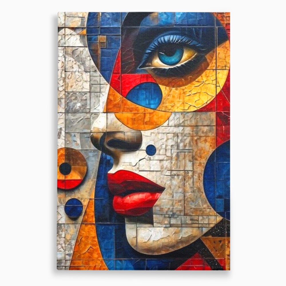 Premium-Leinwandkunst, LuxCanva® J1014, Mosaik der Gefühle, Fragmente, Blick, Schönheit, Puzzle, Würfel, visuell, transformierend, Kreise, stilisiert, Glam, Wohnen, Schlafzimmer