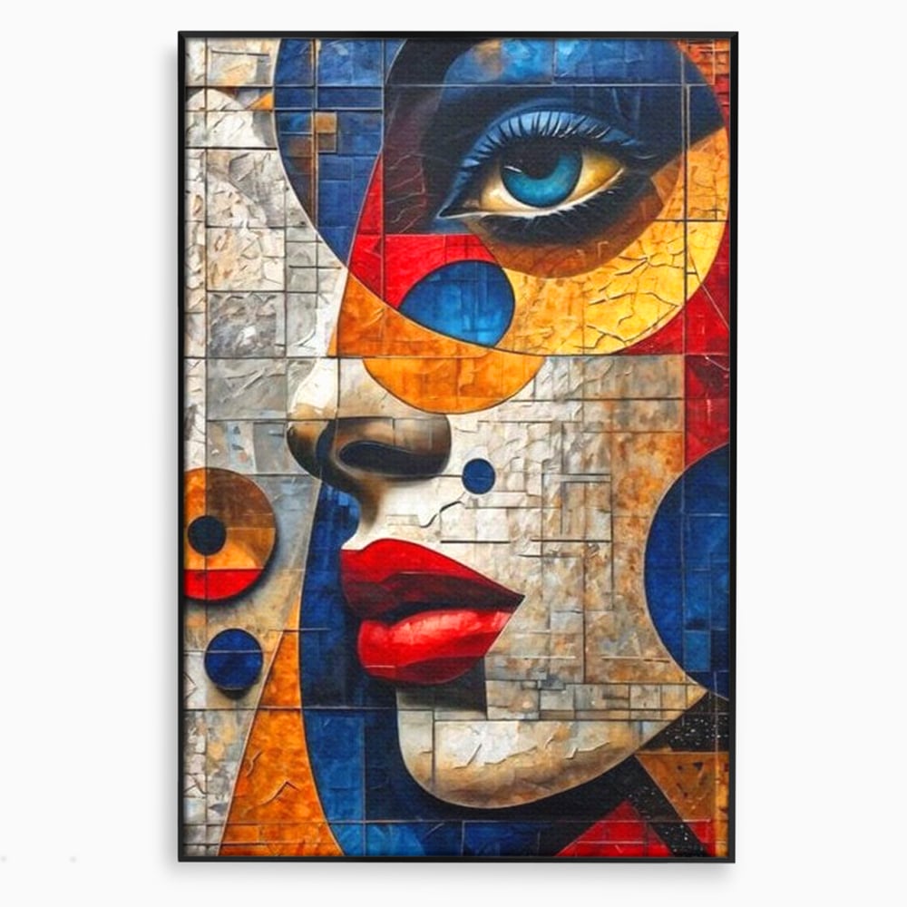 Premium-Leinwandkunst, LuxCanva® J1014, Mosaik der Gefühle, Fragmente, Blick, Schönheit, Puzzle, Würfel, visuell, transformierend, Kreise, stilisiert, Glam, Wohnen, Schlafzimmer