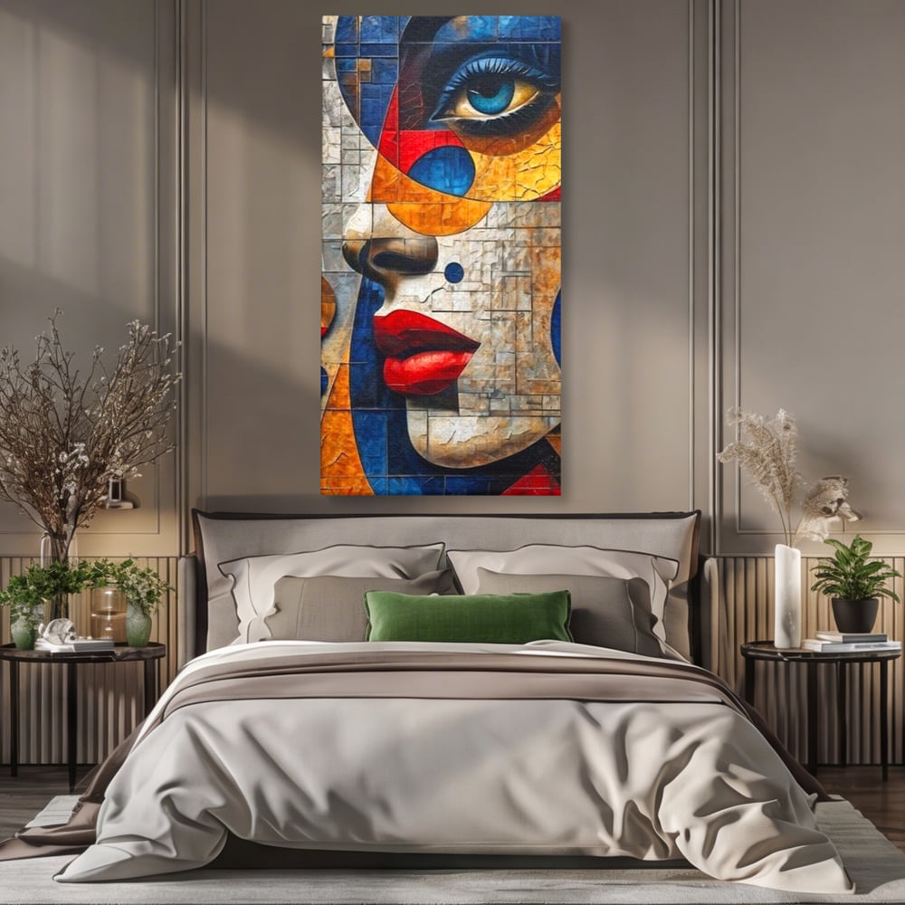 Premium-Leinwandkunst, LuxCanva® J1014, Mosaik der Gefühle, Fragmente, Blick, Schönheit, Puzzle, Würfel, visuell, transformierend, Kreise, stilisiert, Glam, Wohnen, Schlafzimmer