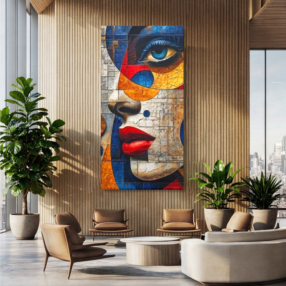 Premium-Leinwandkunst, LuxCanva® J1014, Mosaik der Gefühle, Fragmente, Blick, Schönheit, Puzzle, Würfel, visuell, transformierend, Kreise, stilisiert, Glam, Wohnen, Schlafzimmer