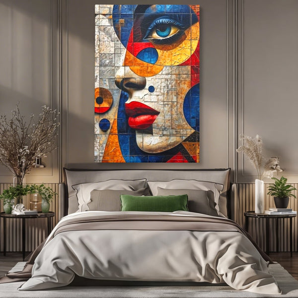 Premium-Leinwandkunst, LuxCanva® J1014, Mosaik der Gefühle, Fragmente, Blick, Schönheit, Puzzle, Würfel, visuell, transformierend, Kreise, stilisiert, Glam, Wohnen, Schlafzimmer