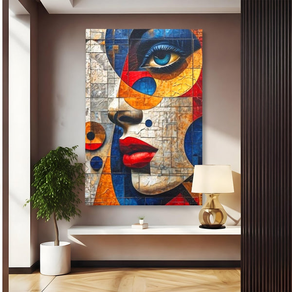 Premium-Leinwandkunst, LuxCanva® J1014, Mosaik der Gefühle, Fragmente, Blick, Schönheit, Puzzle, Würfel, visuell, transformierend, Kreise, stilisiert, Glam, Wohnen, Schlafzimmer