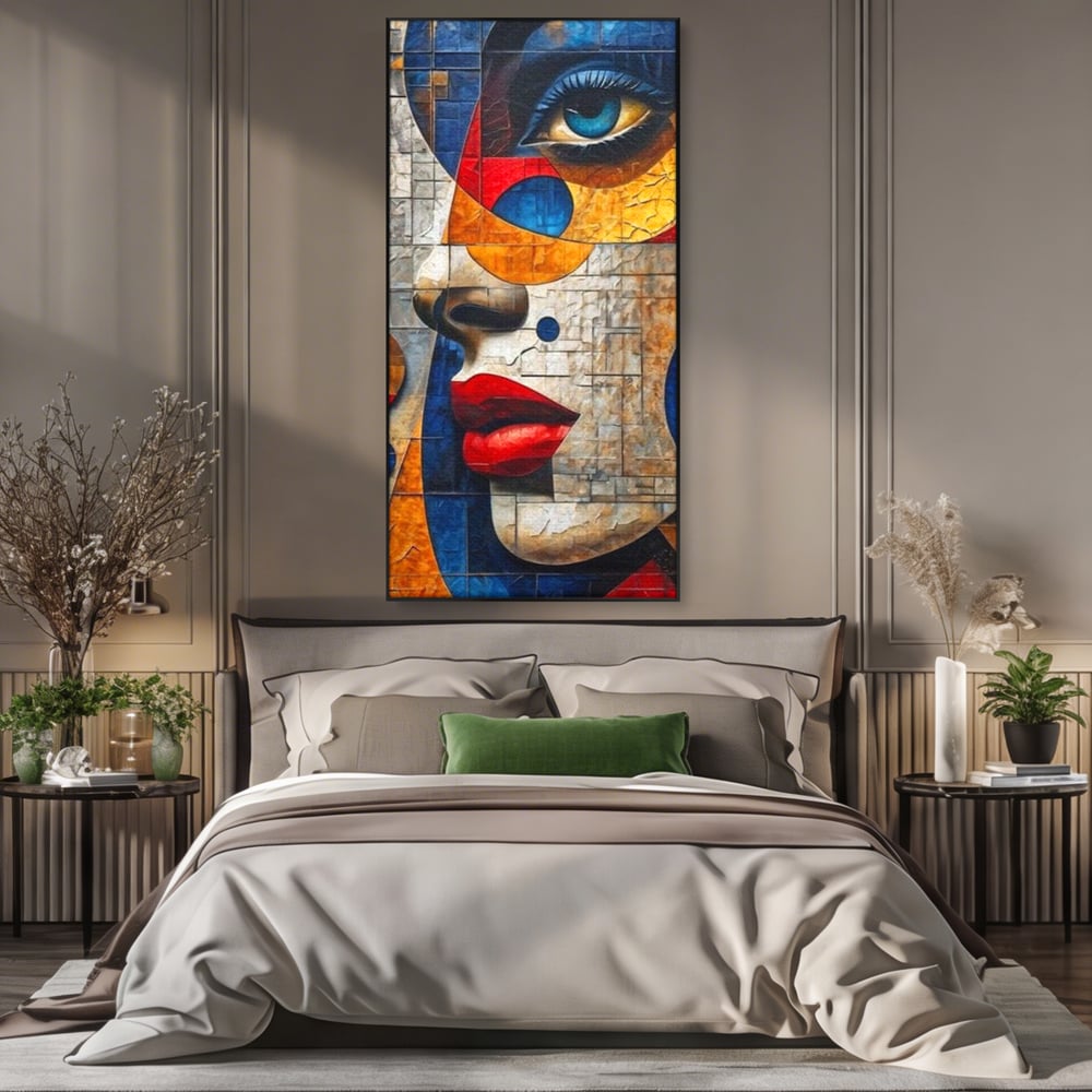 Premium-Leinwandkunst, LuxCanva® J1014, Mosaik der Gefühle, Fragmente, Blick, Schönheit, Puzzle, Würfel, visuell, transformierend, Kreise, stilisiert, Glam, Wohnen, Schlafzimmer