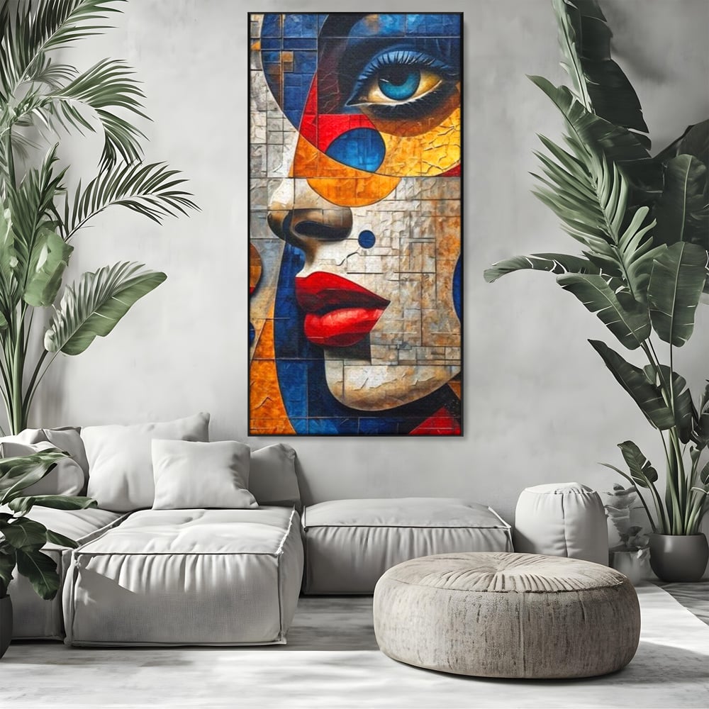 Premium-Leinwandkunst, LuxCanva® J1014, Mosaik der Gefühle, Fragmente, Blick, Schönheit, Puzzle, Würfel, visuell, transformierend, Kreise, stilisiert, Glam, Wohnen, Schlafzimmer