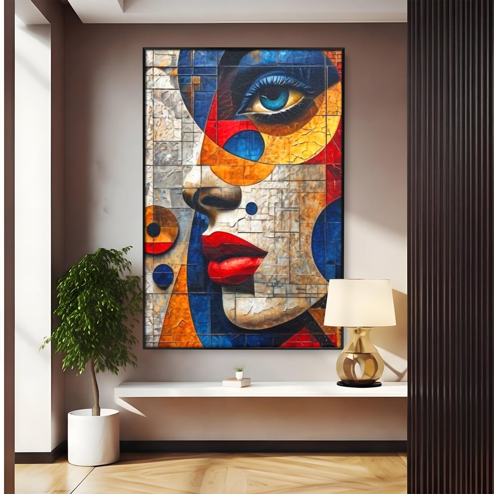 Premium-Leinwandkunst, LuxCanva® J1014, Mosaik der Gefühle, Fragmente, Blick, Schönheit, Puzzle, Würfel, visuell, transformierend, Kreise, stilisiert, Glam, Wohnen, Schlafzimmer