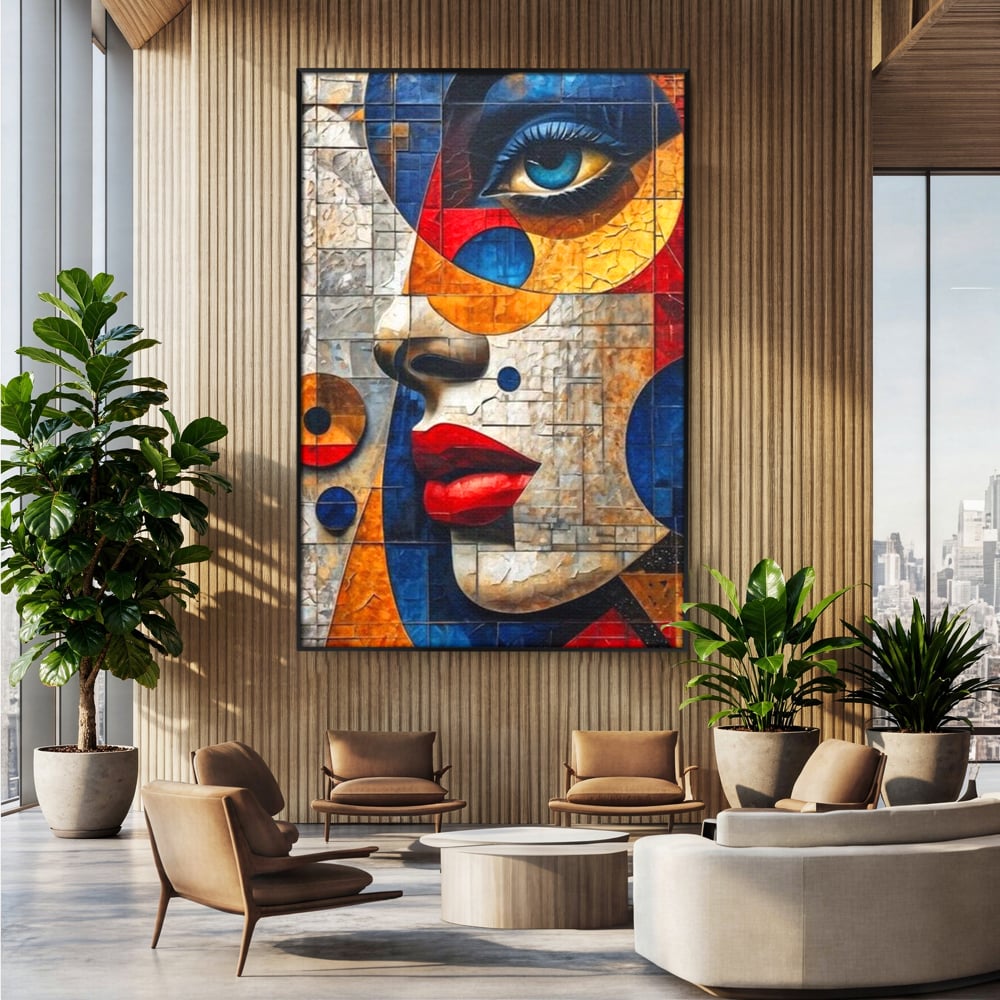 Premium-Leinwandkunst, LuxCanva® J1014, Mosaik der Gefühle, Fragmente, Blick, Schönheit, Puzzle, Würfel, visuell, transformierend, Kreise, stilisiert, Glam, Wohnen, Schlafzimmer