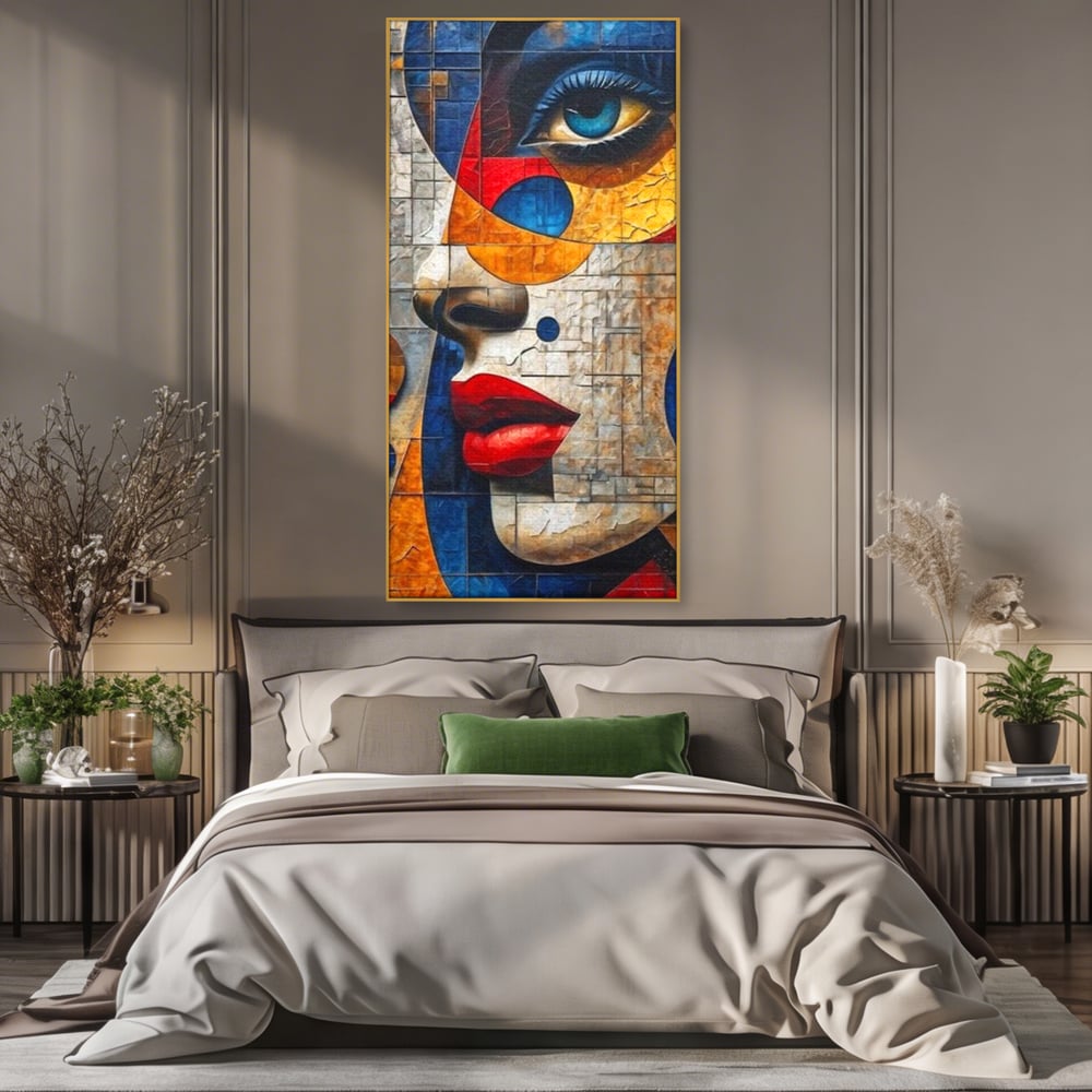 Premium-Leinwandkunst, LuxCanva® J1014, Mosaik der Gefühle, Fragmente, Blick, Schönheit, Puzzle, Würfel, visuell, transformierend, Kreise, stilisiert, Glam, Wohnen, Schlafzimmer