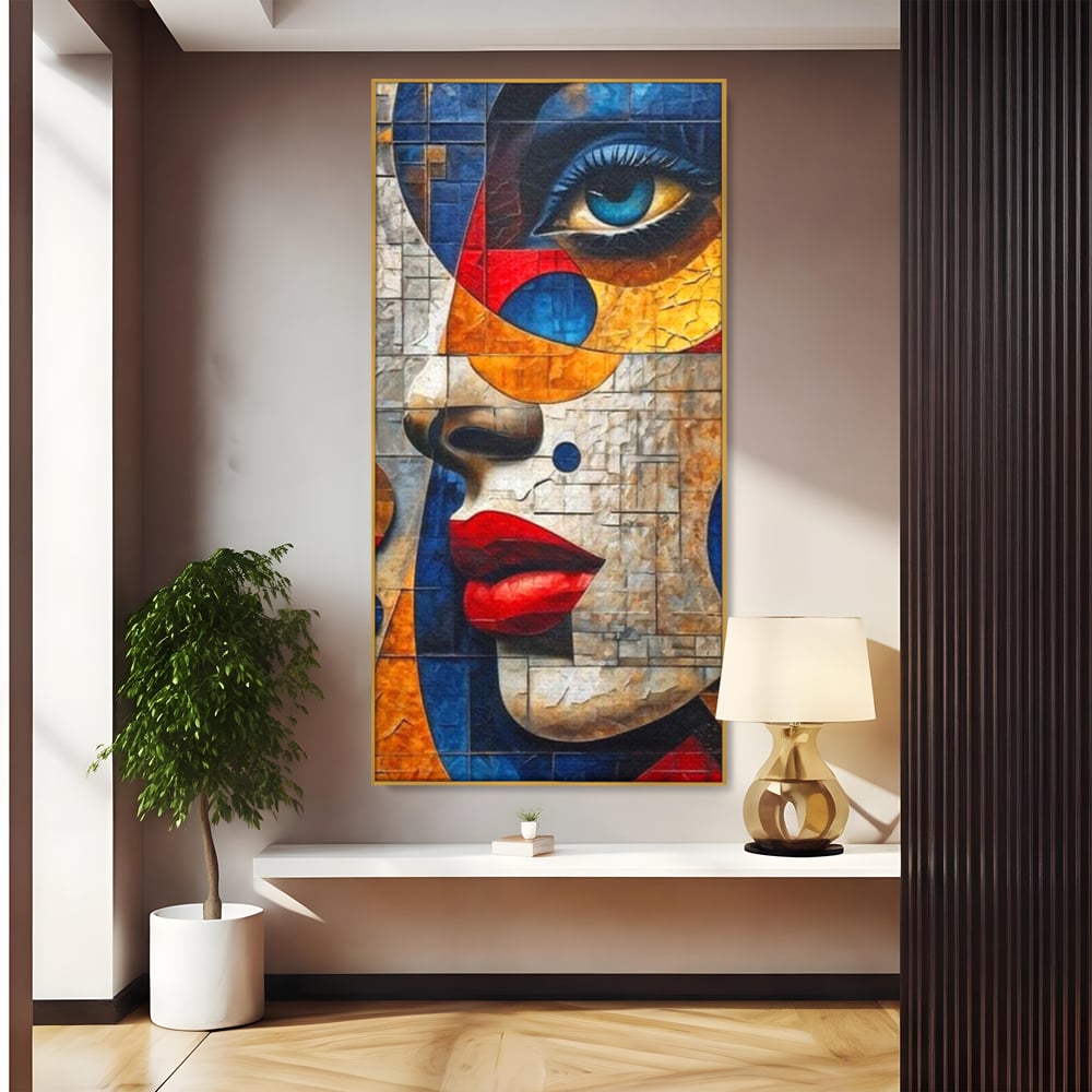Premium-Leinwandkunst, LuxCanva® J1014, Mosaik der Gefühle, Fragmente, Blick, Schönheit, Puzzle, Würfel, visuell, transformierend, Kreise, stilisiert, Glam, Wohnen, Schlafzimmer
