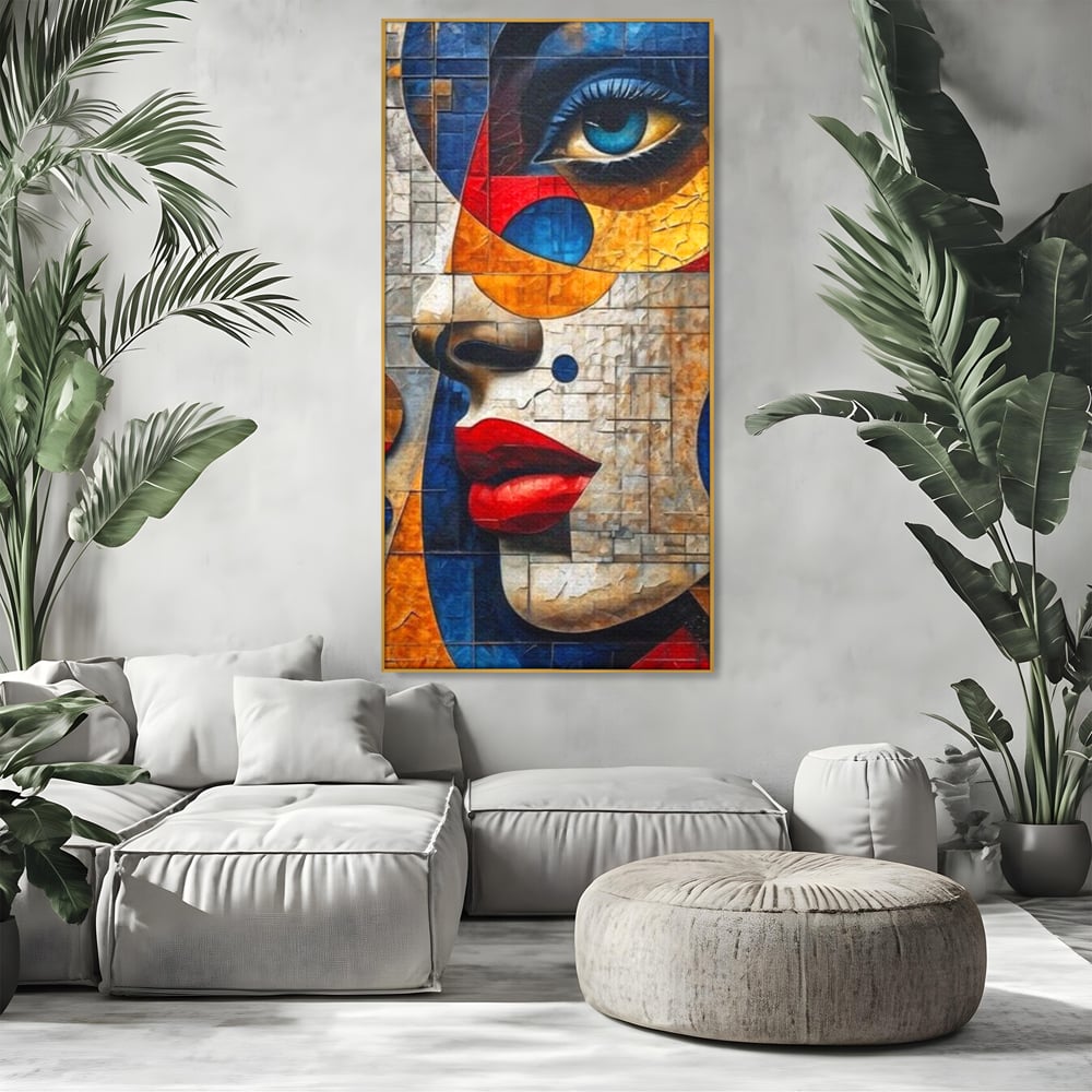 Premium-Leinwandkunst, LuxCanva® J1014, Mosaik der Gefühle, Fragmente, Blick, Schönheit, Puzzle, Würfel, visuell, transformierend, Kreise, stilisiert, Glam, Wohnen, Schlafzimmer