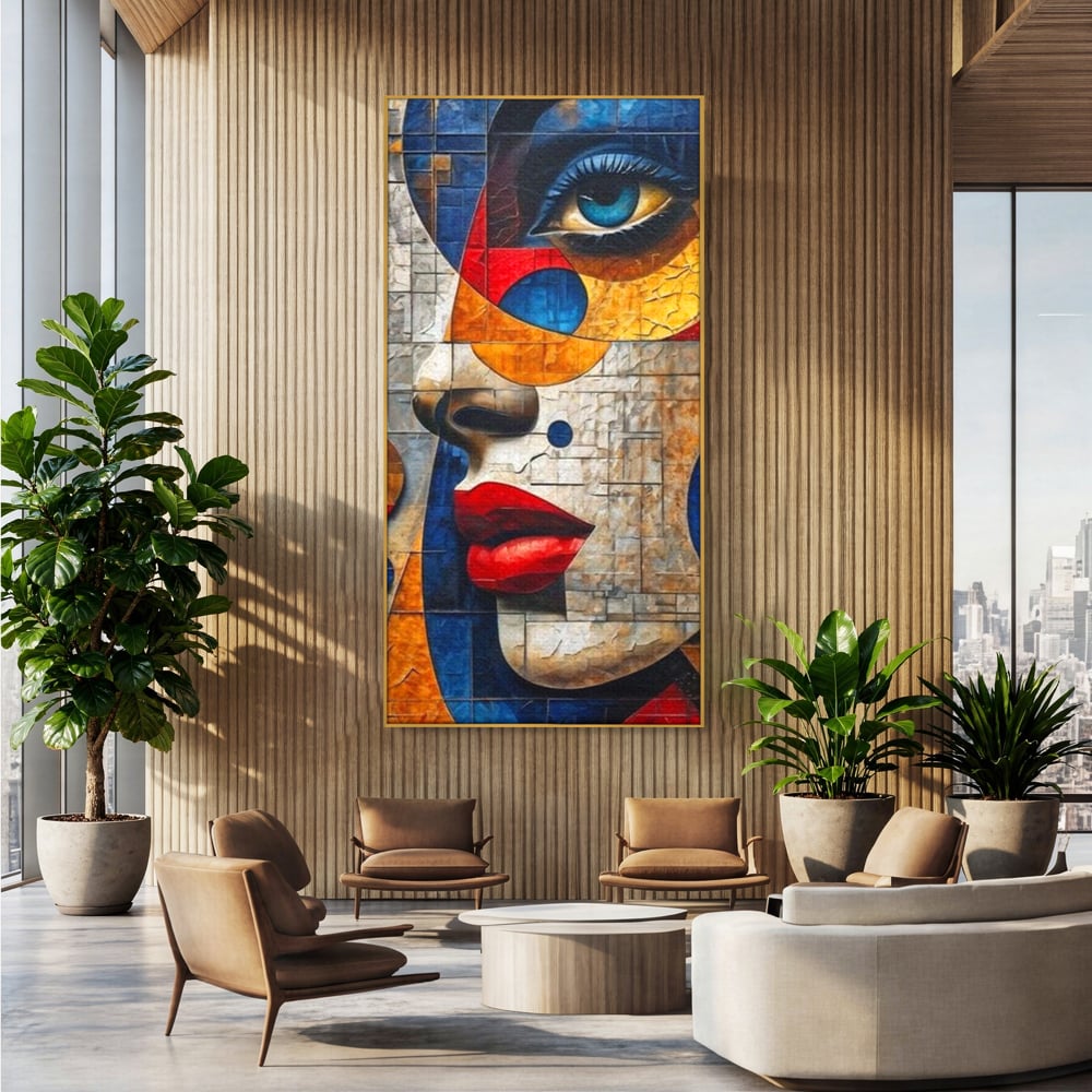 Premium-Leinwandkunst, LuxCanva® J1014, Mosaik der Gefühle, Fragmente, Blick, Schönheit, Puzzle, Würfel, visuell, transformierend, Kreise, stilisiert, Glam, Wohnen, Schlafzimmer