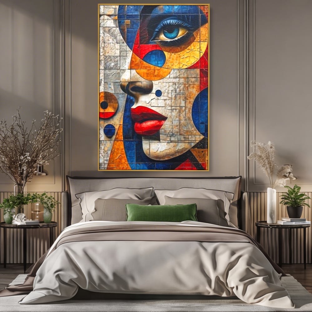 Premium-Leinwandkunst, LuxCanva® J1014, Mosaik der Gefühle, Fragmente, Blick, Schönheit, Puzzle, Würfel, visuell, transformierend, Kreise, stilisiert, Glam, Wohnen, Schlafzimmer