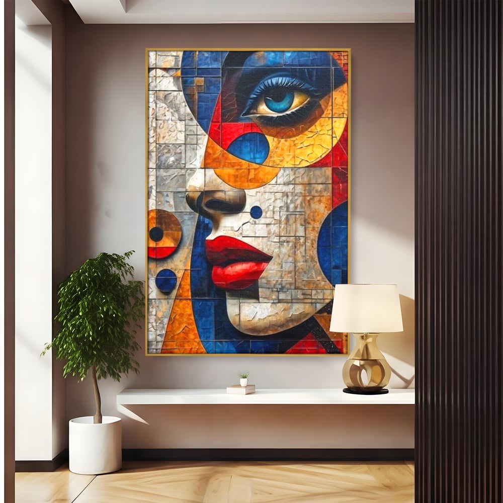 Premium-Leinwandkunst, LuxCanva® J1014, Mosaik der Gefühle, Fragmente, Blick, Schönheit, Puzzle, Würfel, visuell, transformierend, Kreise, stilisiert, Glam, Wohnen, Schlafzimmer