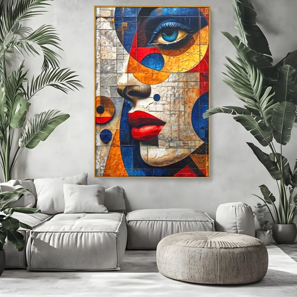 Premium-Leinwandkunst, LuxCanva® J1014, Mosaik der Gefühle, Fragmente, Blick, Schönheit, Puzzle, Würfel, visuell, transformierend, Kreise, stilisiert, Glam, Wohnen, Schlafzimmer