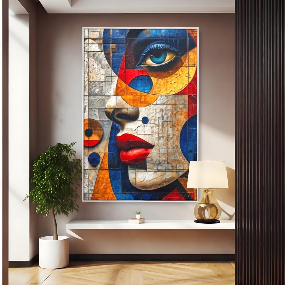 Premium-Leinwandkunst, LuxCanva® J1014, Mosaik der Gefühle, Fragmente, Blick, Schönheit, Puzzle, Würfel, visuell, transformierend, Kreise, stilisiert, Glam, Wohnen, Schlafzimmer