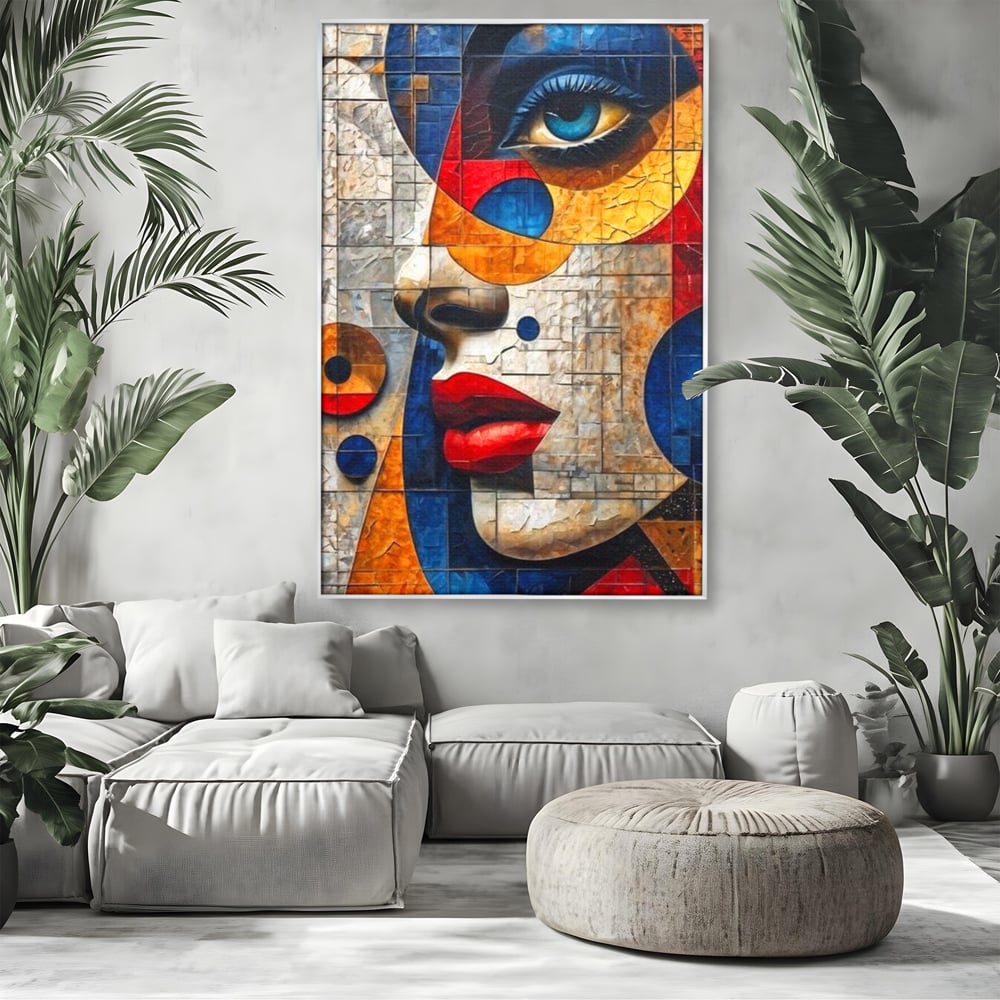 Premium-Leinwandkunst, LuxCanva® J1014, Mosaik der Gefühle, Fragmente, Blick, Schönheit, Puzzle, Würfel, visuell, transformierend, Kreise, stilisiert, Glam, Wohnen, Schlafzimmer