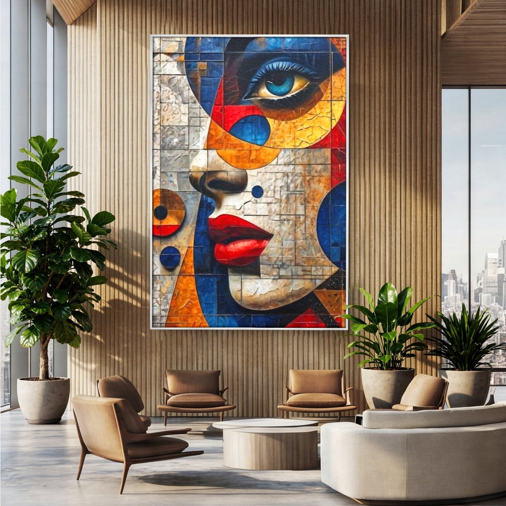 Premium-Leinwandkunst, LuxCanva® J1014, Mosaik der Gefühle, Fragmente, Blick, Schönheit, Puzzle, Würfel, visuell, transformierend, Kreise, stilisiert, Glam, Wohnen, Schlafzimmer