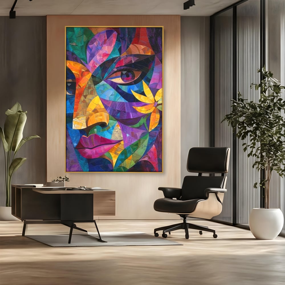 Tablou Canvas Premium, LuxCanva® J1016, Chip in Vitralii, Floare, Portret, Chip, Privire, Femeie, Abstract, Ganduri, Mozaic, Colorat, Design, Artist, Expozitie, Living, Dormitor