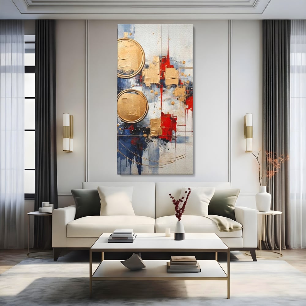 Tablou Canvas Premium, LuxCanva® J1018, Alchimie Geometrica,  Arta, Abstracta, Cercuri, Auriu, 3D, Orbita, Cobalt, Simbolism, Design, Decoratiune, Magie, Living, Dormitor