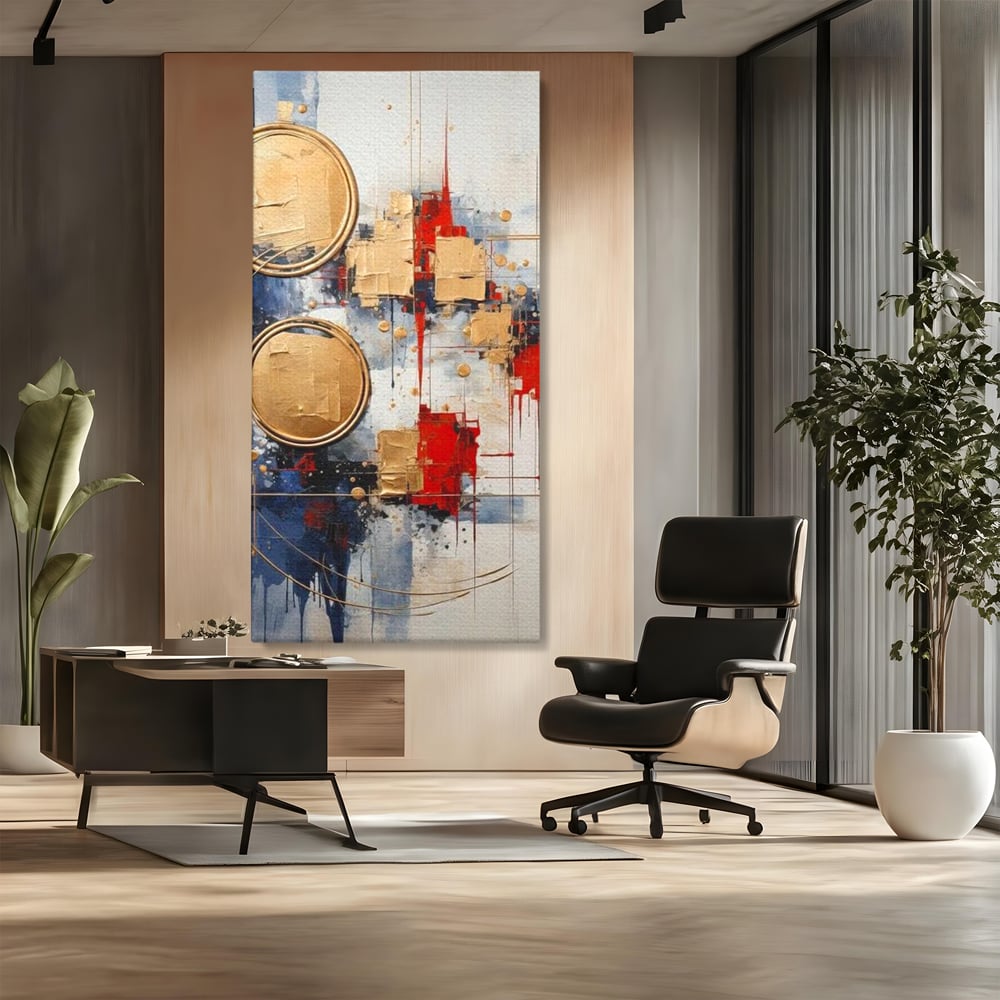 Tablou Canvas Premium, LuxCanva® J1018, Alchimie Geometrica,  Arta, Abstracta, Cercuri, Auriu, 3D, Orbita, Cobalt, Simbolism, Design, Decoratiune, Magie, Living, Dormitor
