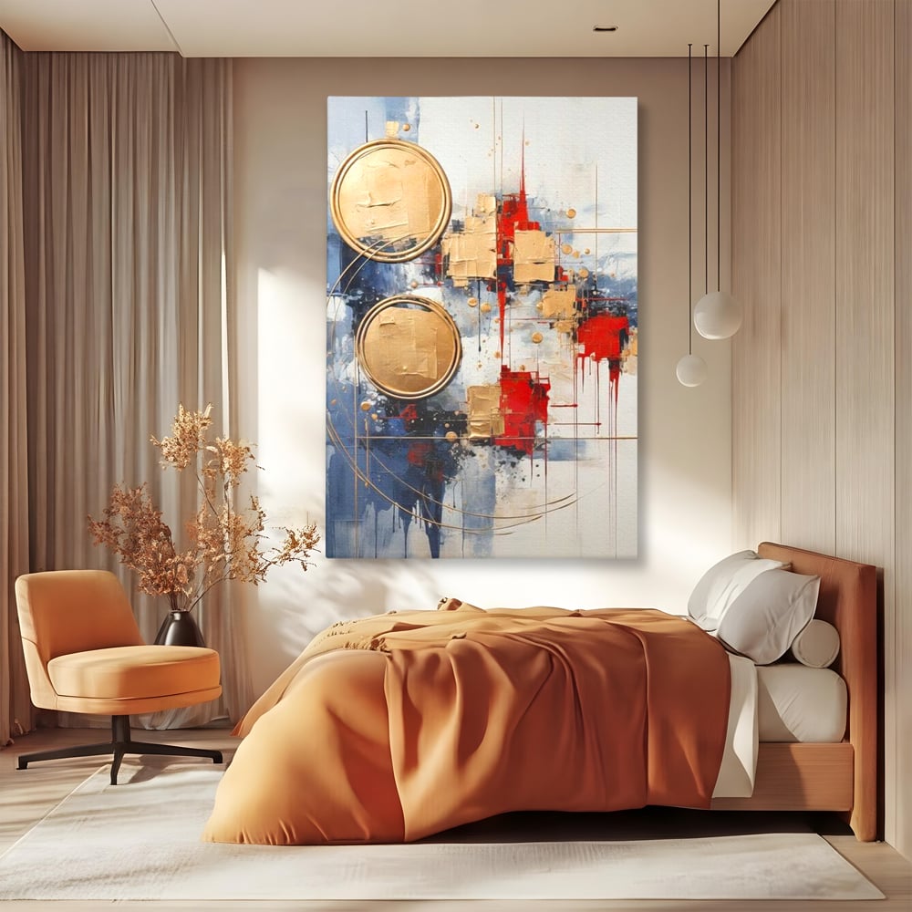Tablou Canvas Premium, LuxCanva® J1018, Alchimie Geometrica,  Arta, Abstracta, Cercuri, Auriu, 3D, Orbita, Cobalt, Simbolism, Design, Decoratiune, Magie, Living, Dormitor