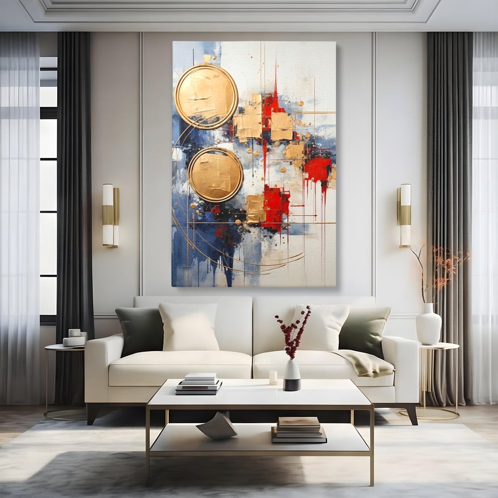 Tablou Canvas Premium, LuxCanva® J1018, Alchimie Geometrica,  Arta, Abstracta, Cercuri, Auriu, 3D, Orbita, Cobalt, Simbolism, Design, Decoratiune, Magie, Living, Dormitor