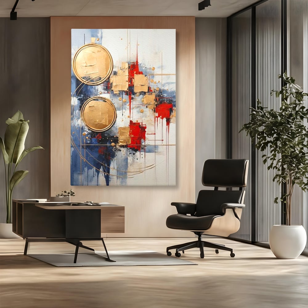 Tablou Canvas Premium, LuxCanva® J1018, Alchimie Geometrica,  Arta, Abstracta, Cercuri, Auriu, 3D, Orbita, Cobalt, Simbolism, Design, Decoratiune, Magie, Living, Dormitor
