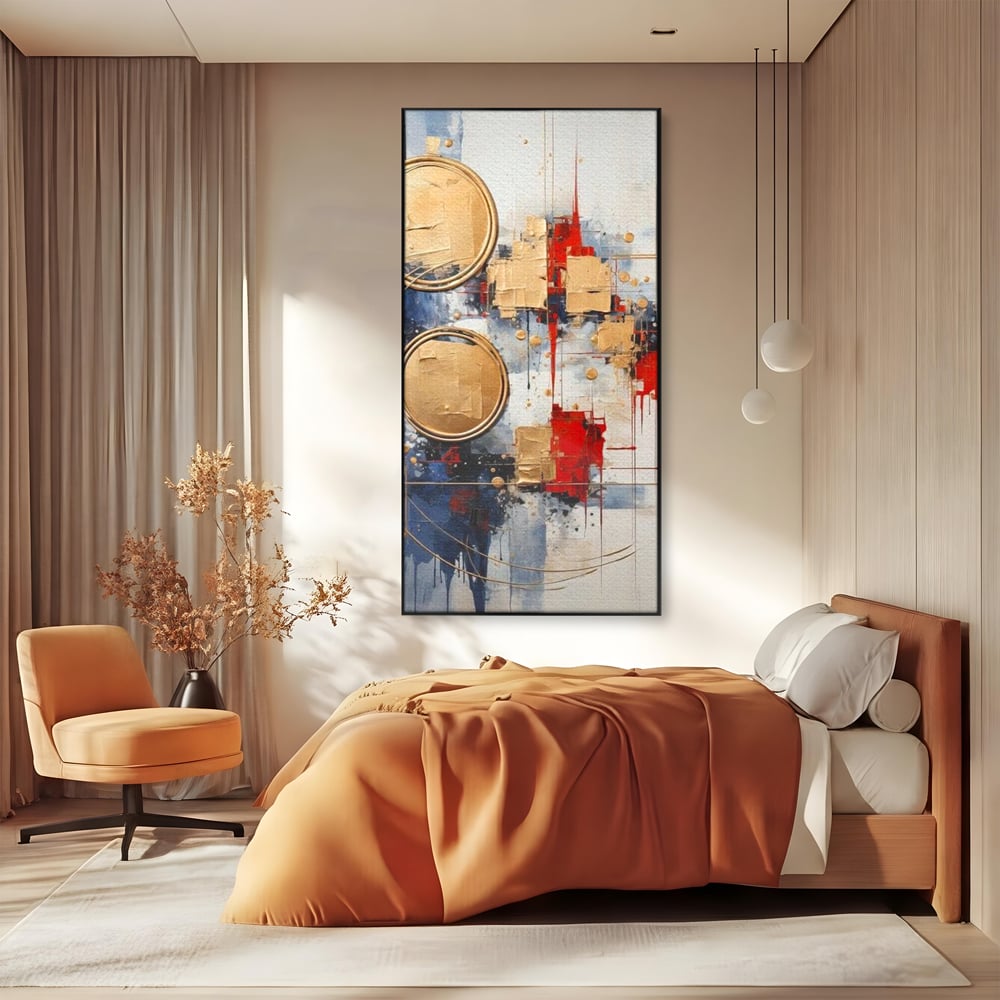 Tablou Canvas Premium, LuxCanva® J1018, Alchimie Geometrica,  Arta, Abstracta, Cercuri, Auriu, 3D, Orbita, Cobalt, Simbolism, Design, Decoratiune, Magie, Living, Dormitor