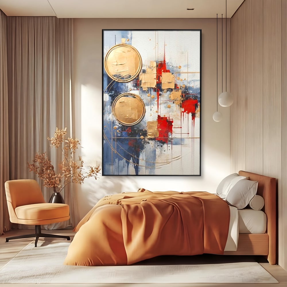 Tablou Canvas Premium, LuxCanva® J1018, Alchimie Geometrica,  Arta, Abstracta, Cercuri, Auriu, 3D, Orbita, Cobalt, Simbolism, Design, Decoratiune, Magie, Living, Dormitor