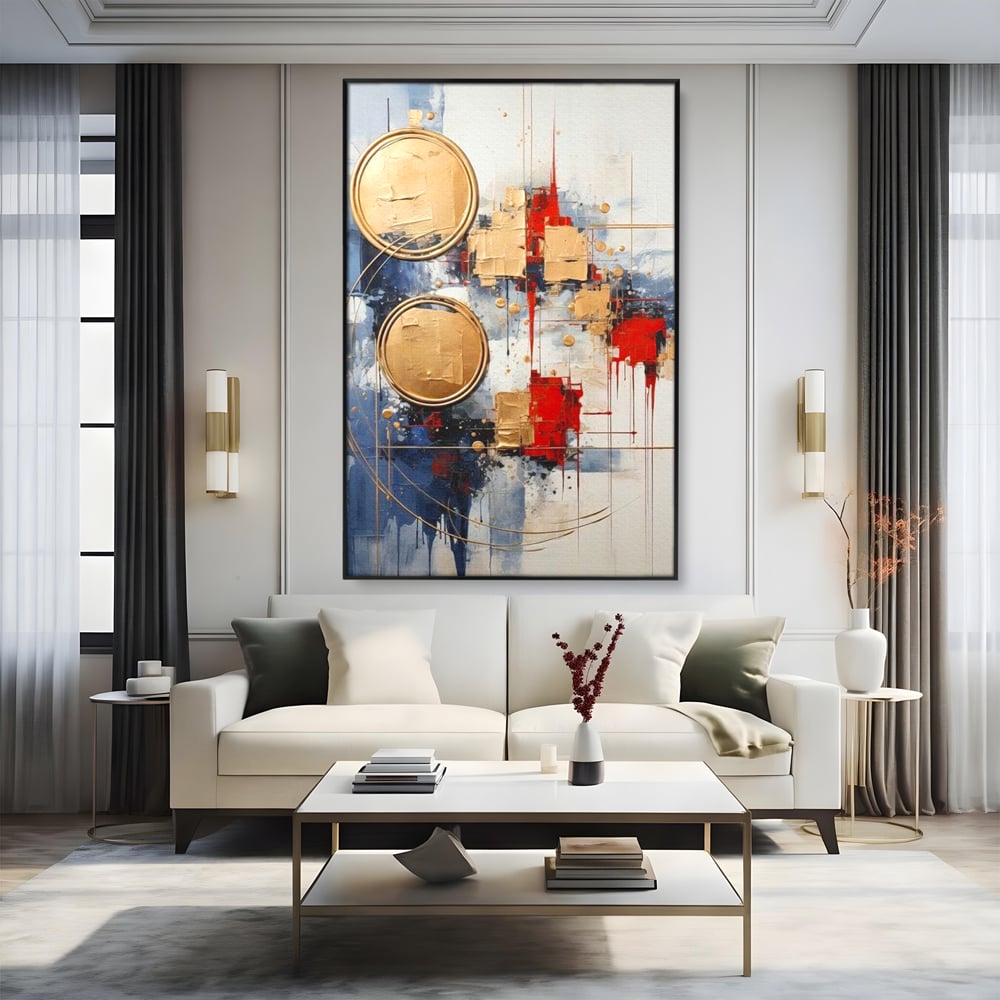 Tablou Canvas Premium, LuxCanva® J1018, Alchimie Geometrica,  Arta, Abstracta, Cercuri, Auriu, 3D, Orbita, Cobalt, Simbolism, Design, Decoratiune, Magie, Living, Dormitor