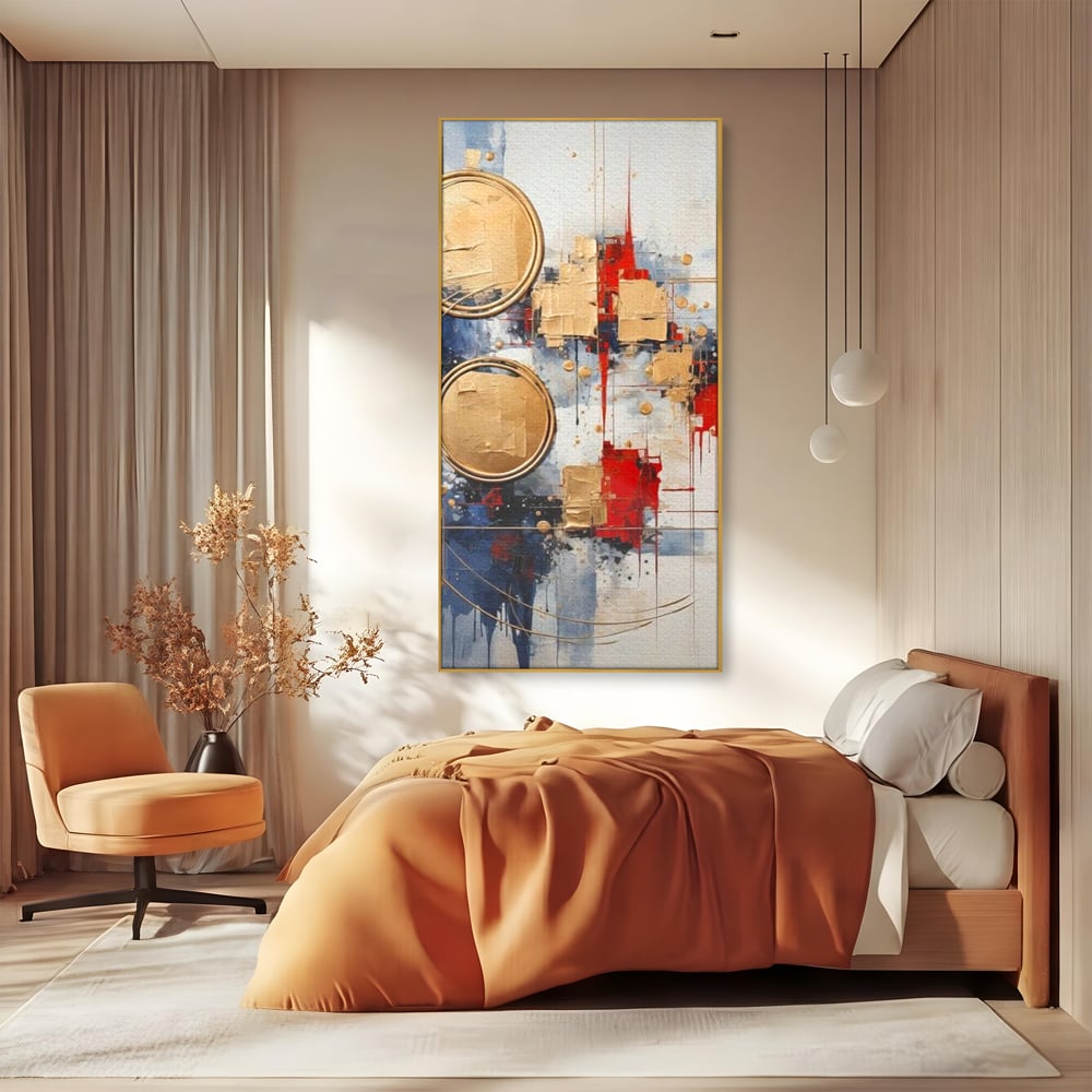 Tablou Canvas Premium, LuxCanva® J1018, Alchimie Geometrica,  Arta, Abstracta, Cercuri, Auriu, 3D, Orbita, Cobalt, Simbolism, Design, Decoratiune, Magie, Living, Dormitor