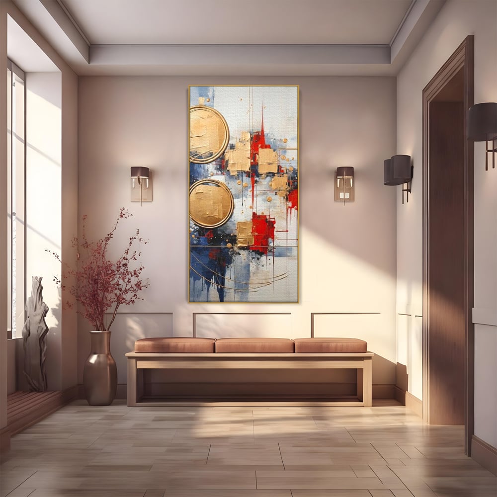 Tablou Canvas Premium, LuxCanva® J1018, Alchimie Geometrica,  Arta, Abstracta, Cercuri, Auriu, 3D, Orbita, Cobalt, Simbolism, Design, Decoratiune, Magie, Living, Dormitor