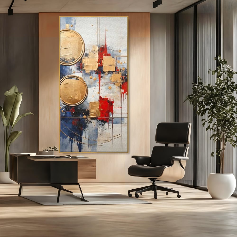 Tablou Canvas Premium, LuxCanva® J1018, Alchimie Geometrica,  Arta, Abstracta, Cercuri, Auriu, 3D, Orbita, Cobalt, Simbolism, Design, Decoratiune, Magie, Living, Dormitor