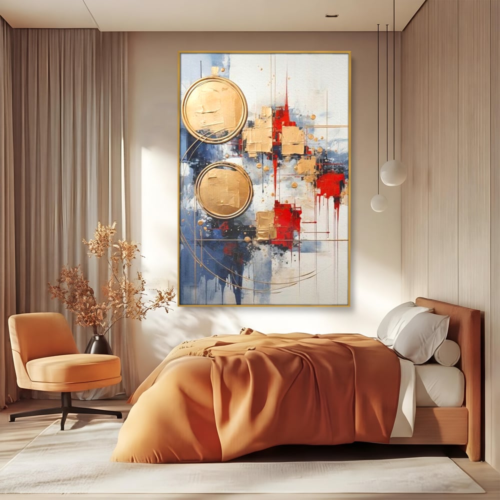 Tablou Canvas Premium, LuxCanva® J1018, Alchimie Geometrica,  Arta, Abstracta, Cercuri, Auriu, 3D, Orbita, Cobalt, Simbolism, Design, Decoratiune, Magie, Living, Dormitor