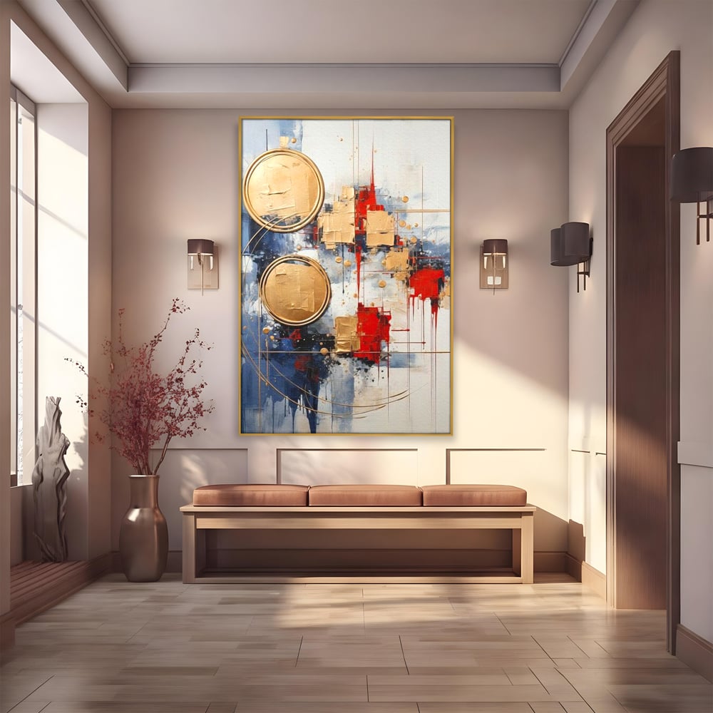 Tablou Canvas Premium, LuxCanva® J1018, Alchimie Geometrica,  Arta, Abstracta, Cercuri, Auriu, 3D, Orbita, Cobalt, Simbolism, Design, Decoratiune, Magie, Living, Dormitor