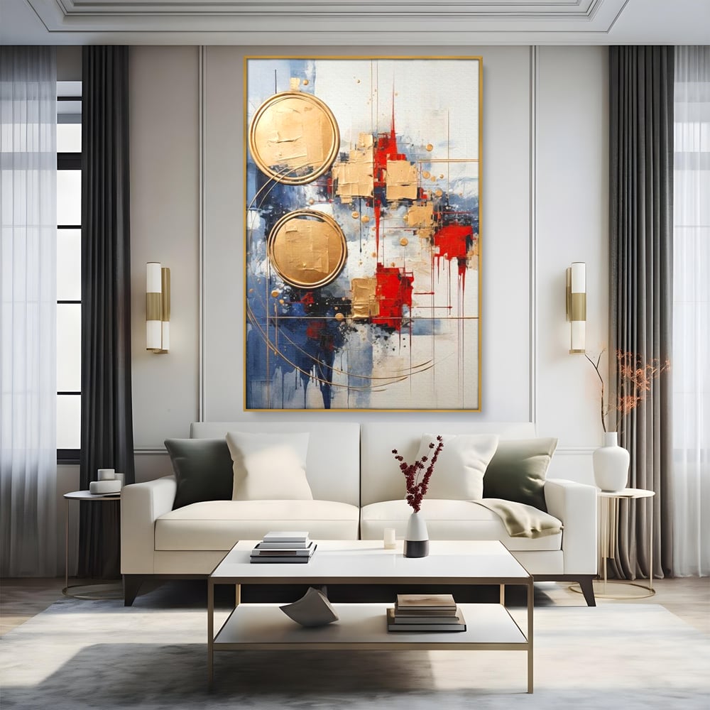 Tablou Canvas Premium, LuxCanva® J1018, Alchimie Geometrica,  Arta, Abstracta, Cercuri, Auriu, 3D, Orbita, Cobalt, Simbolism, Design, Decoratiune, Magie, Living, Dormitor
