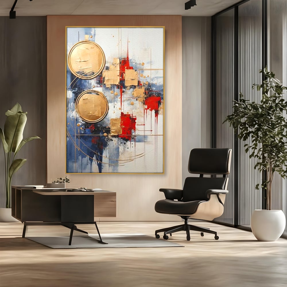 Tablou Canvas Premium, LuxCanva® J1018, Alchimie Geometrica,  Arta, Abstracta, Cercuri, Auriu, 3D, Orbita, Cobalt, Simbolism, Design, Decoratiune, Magie, Living, Dormitor