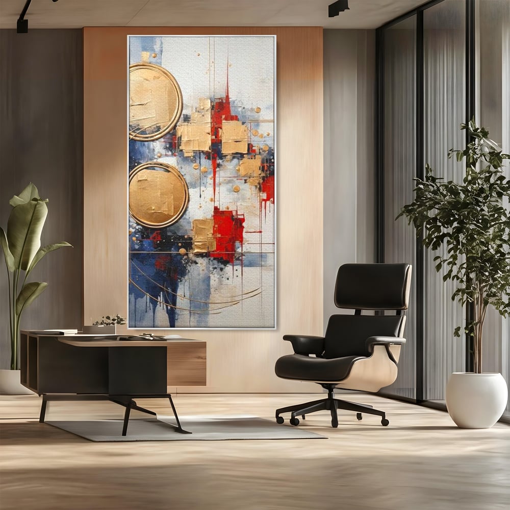 Tablou Canvas Premium, LuxCanva® J1018, Alchimie Geometrica,  Arta, Abstracta, Cercuri, Auriu, 3D, Orbita, Cobalt, Simbolism, Design, Decoratiune, Magie, Living, Dormitor
