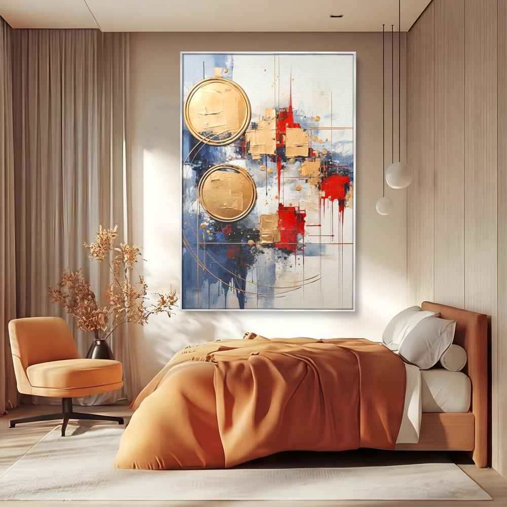 Tablou Canvas Premium, LuxCanva® J1018, Alchimie Geometrica,  Arta, Abstracta, Cercuri, Auriu, 3D, Orbita, Cobalt, Simbolism, Design, Decoratiune, Magie, Living, Dormitor