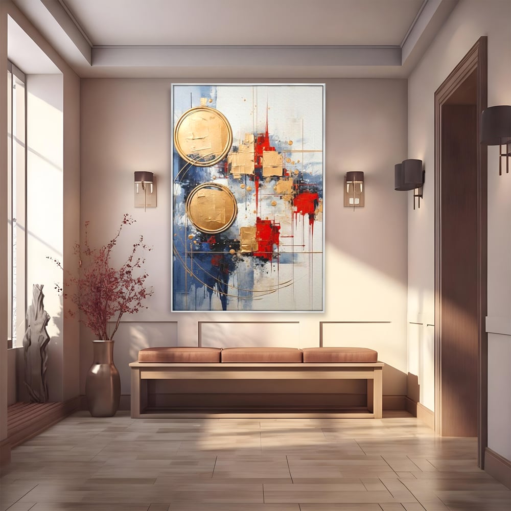 Tablou Canvas Premium, LuxCanva® J1018, Alchimie Geometrica,  Arta, Abstracta, Cercuri, Auriu, 3D, Orbita, Cobalt, Simbolism, Design, Decoratiune, Magie, Living, Dormitor