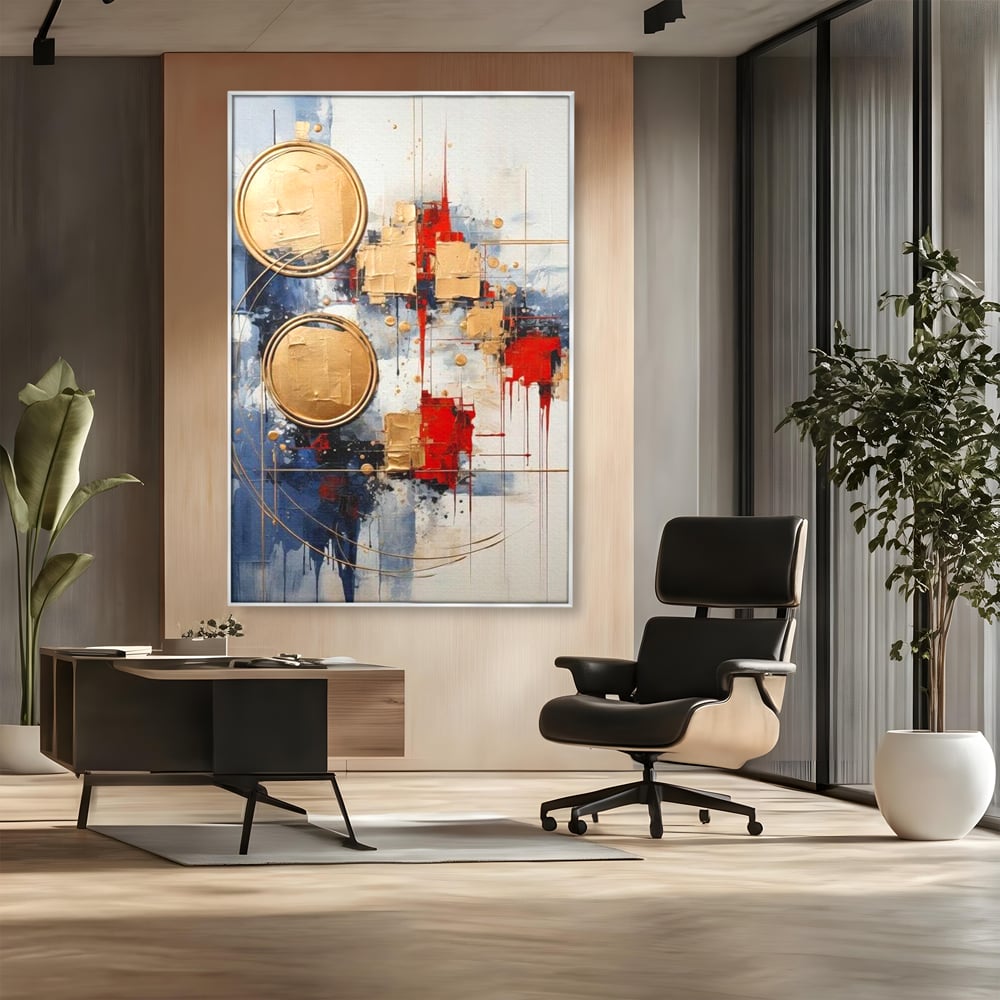 Tablou Canvas Premium, LuxCanva® J1018, Alchimie Geometrica,  Arta, Abstracta, Cercuri, Auriu, 3D, Orbita, Cobalt, Simbolism, Design, Decoratiune, Magie, Living, Dormitor
