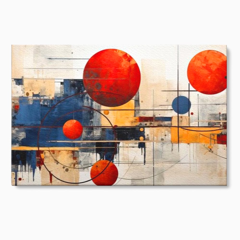Leinwand Premium Canvas Wandbilder, LuxCanva® J1019, Dekomponierter Raum, Kugeln, Rot, Orange, Orbits, Linien, Urban, Kontraste, Komposition, Dekorativ, Dekorativ, Fantasie, Wohnen, Schlafzimmer