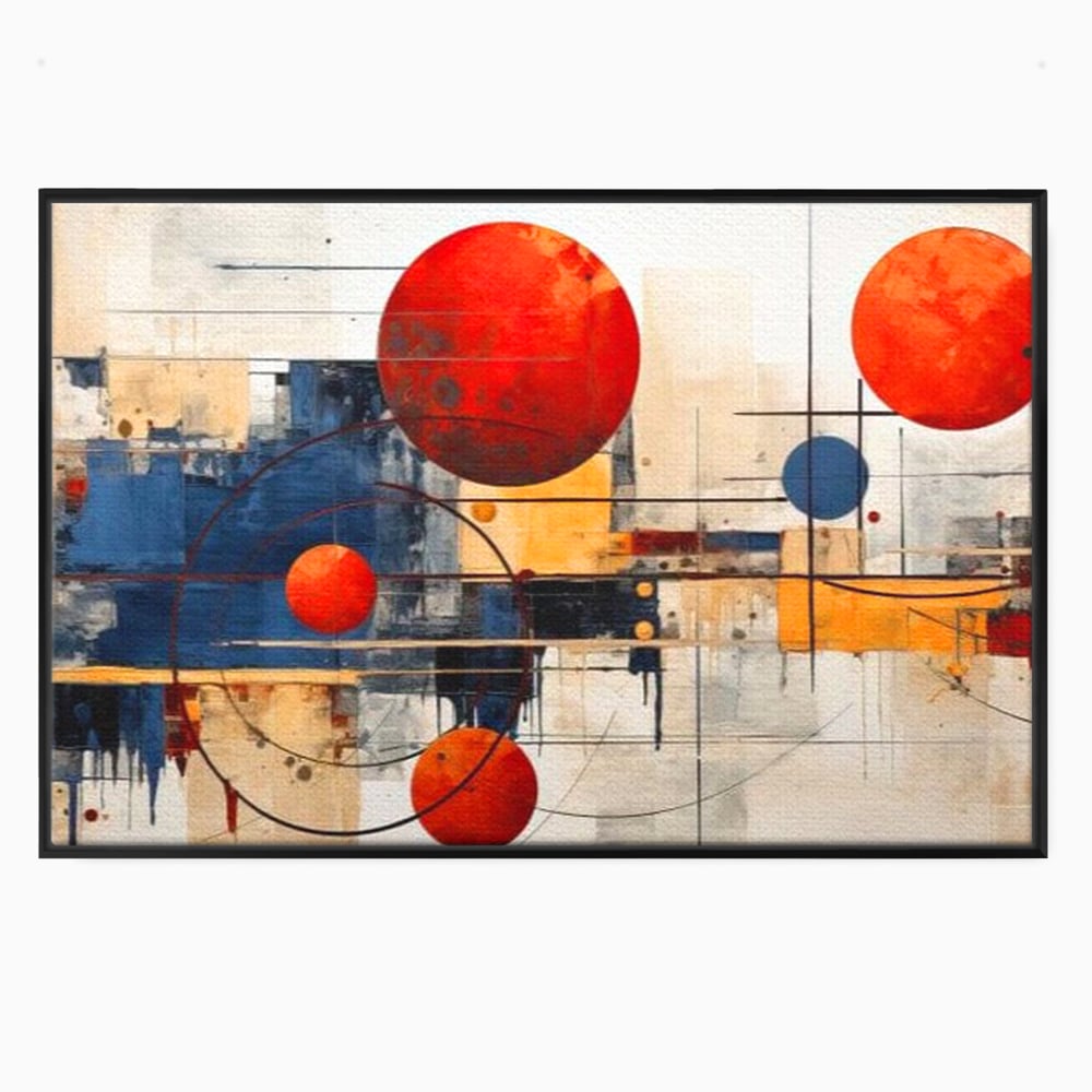 Leinwand Premium Canvas Wandbilder, LuxCanva® J1019, Dekomponierter Raum, Kugeln, Rot, Orange, Orbits, Linien, Urban, Kontraste, Komposition, Dekorativ, Dekorativ, Fantasie, Wohnen, Schlafzimmer