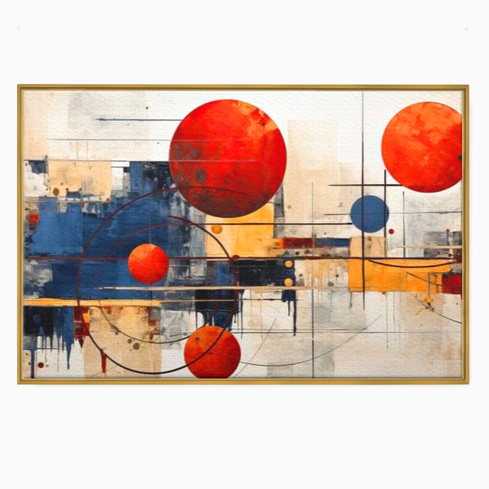 Leinwand Premium Canvas Wandbilder, LuxCanva® J1019, Dekomponierter Raum, Kugeln, Rot, Orange, Orbits, Linien, Urban, Kontraste, Komposition, Dekorativ, Dekorativ, Fantasie, Wohnen, Schlafzimmer