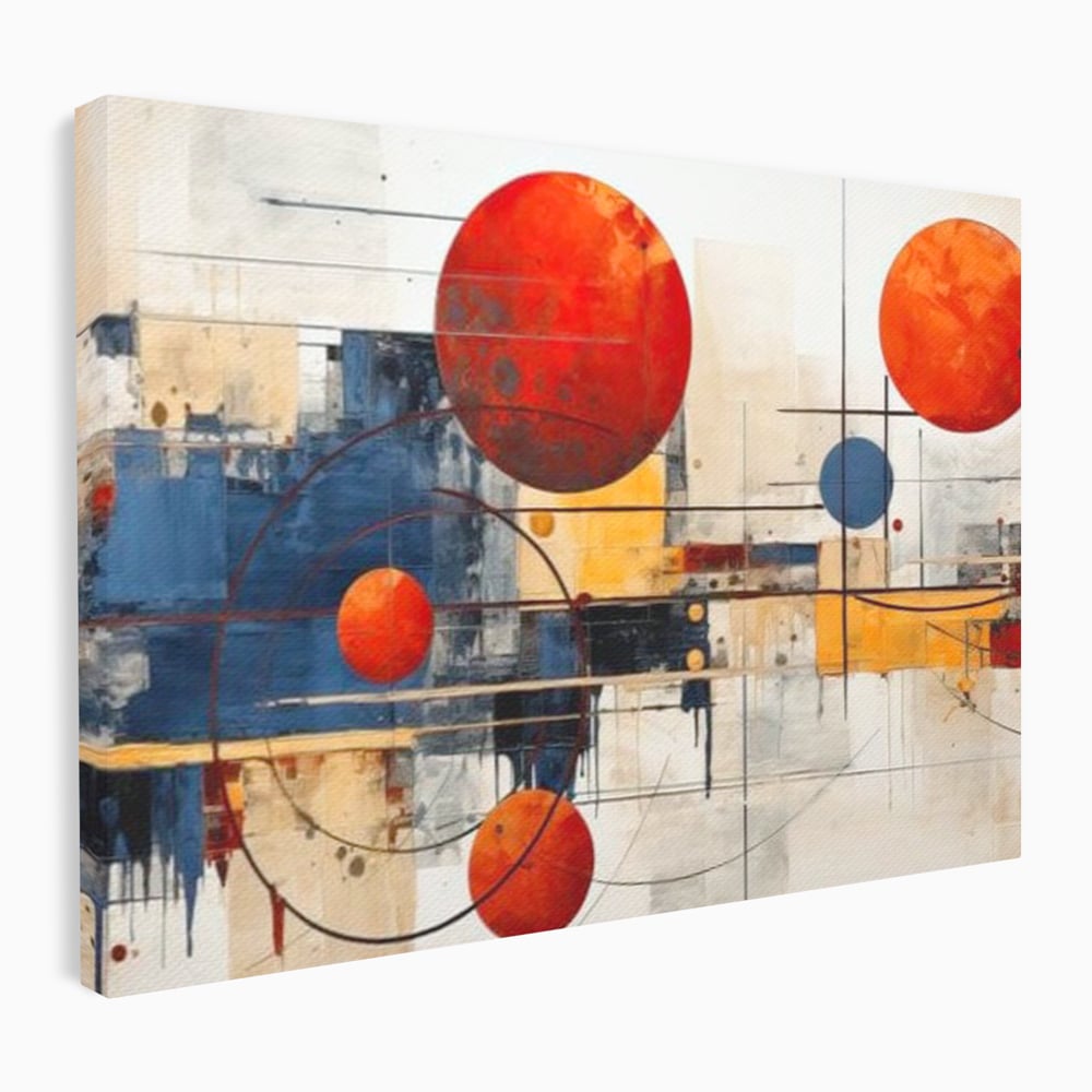 Leinwand Premium Canvas Wandbilder, LuxCanva® J1019, Dekomponierter Raum, Kugeln, Rot, Orange, Orbits, Linien, Urban, Kontraste, Komposition, Dekorativ, Dekorativ, Fantasie, Wohnen, Schlafzimmer