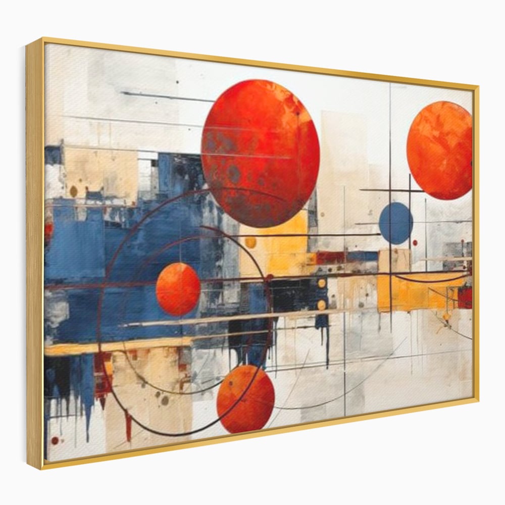 Leinwand Premium Canvas Wandbilder, LuxCanva® J1019, Dekomponierter Raum, Kugeln, Rot, Orange, Orbits, Linien, Urban, Kontraste, Komposition, Dekorativ, Dekorativ, Fantasie, Wohnen, Schlafzimmer